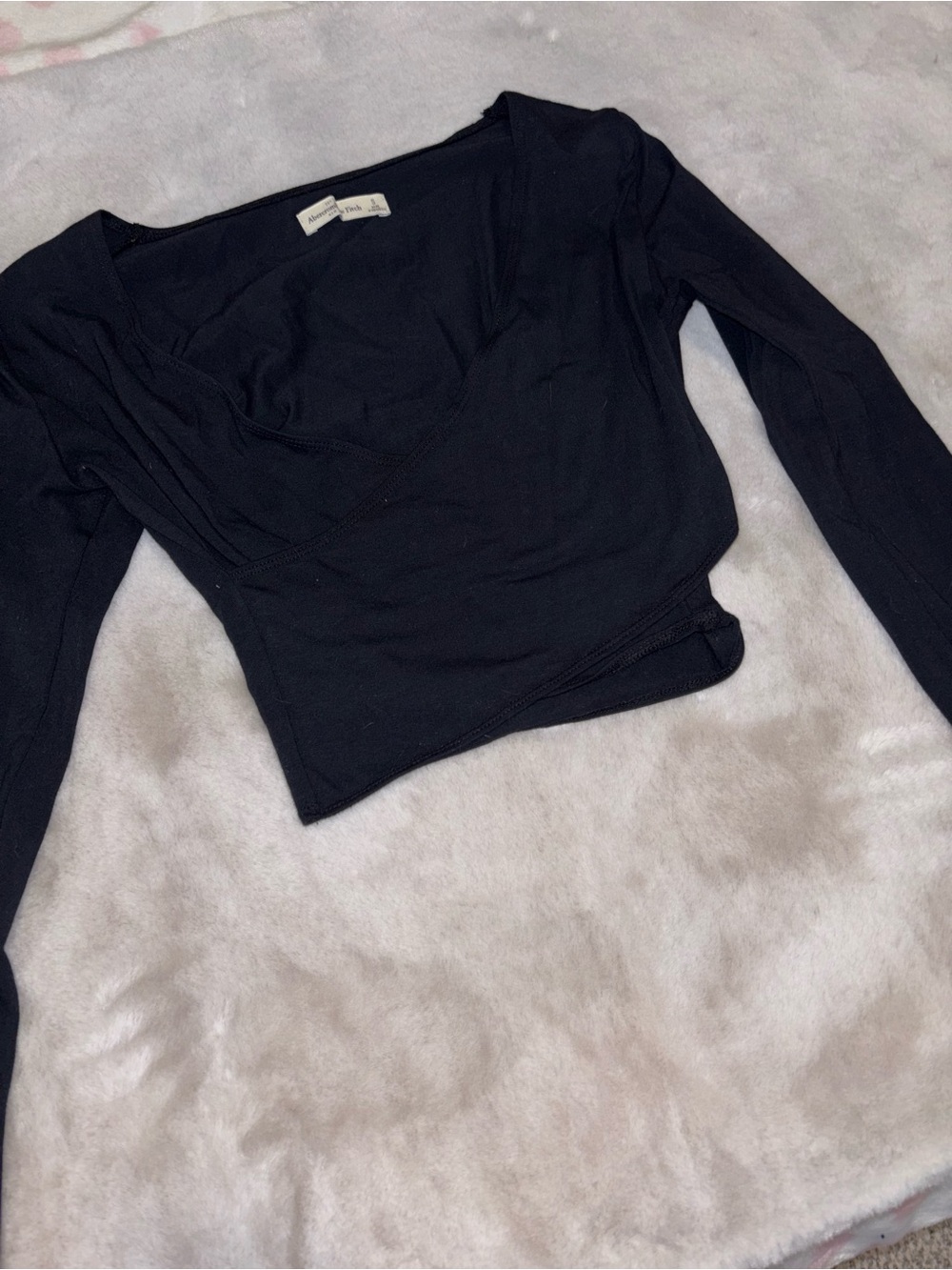 Basic Black Long-Sleeve Wrap Crop Top - Abercrombie
